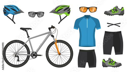 Cycling gear collection: helmets, glasses, apparel, and shoes
