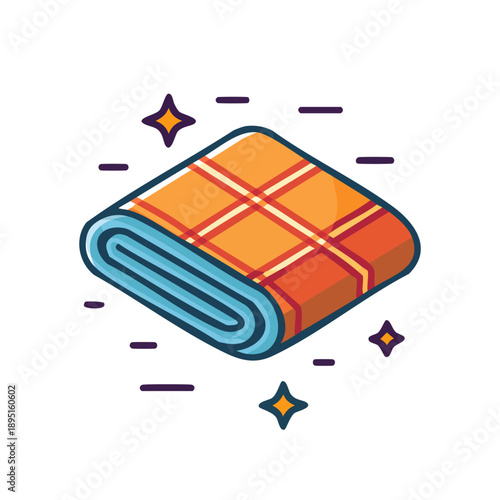 A vibrant orange plaid blanket rolled up and surrounded by sparkling stars illustration