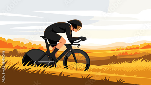 Cyclist racing through autumn fields in dynamic landscape
