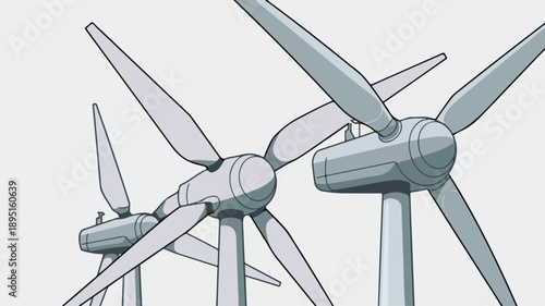 Three wind turbines with large blades against a light gray background Keywords: wind turbine, wind power, renewable energy
