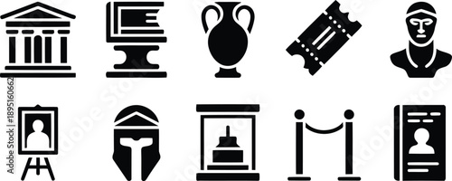 A comprehensive collection of black glyphs depicting museum artifacts and related visit items