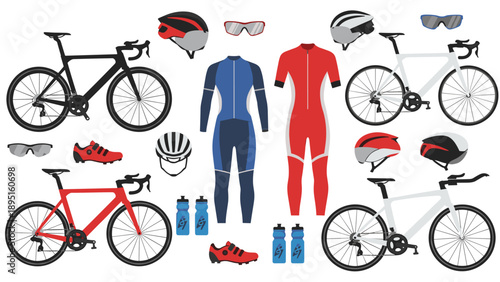 Cycling gear collection: bicycles, helmets, shoes, apparel, water bottles