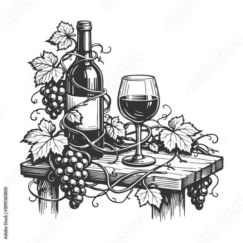 Hand drawn woodcut vector illustration of a wine bottle and glass with grapes on a wooden table, vintage vineyard engraving style still life artwork.