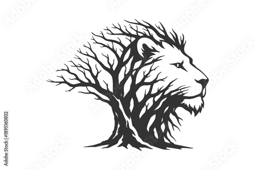 Creative double exposure vector illustration of a lion profile merged with barren tree branches, conceptual surreal woodcut style wildlife portrait art.