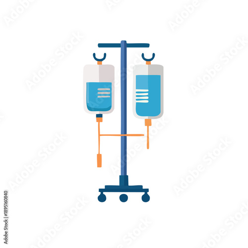 Medical IV fluid bags suspended on a wheeled stand ready for patient care