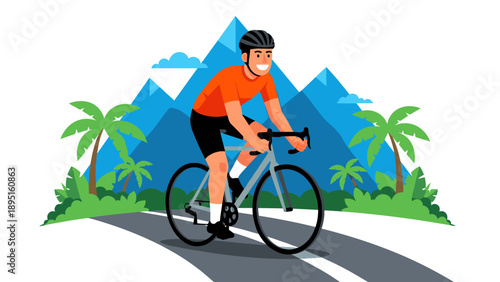 Cyclist riding through scenic mountain path in vibrant cartoon style