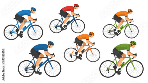 Colorful cyclists riding bikes in various jerseys