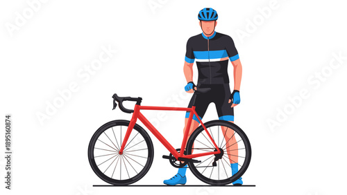Cyclist with red bicycle in modern gear and blue helmet standing