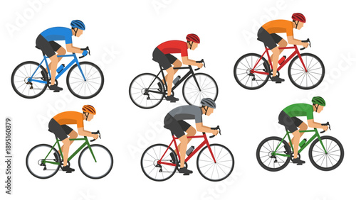 Cyclists in action: colorful flat design of diverse bicyclists in motion