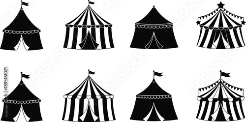 Set of black circus tent silhouettes including striped carnival big top icons for entertainment festival fairground and amusement park graphic design