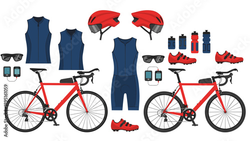 Cycling gear essentials: bikes, helmets, and accessories set in flat design