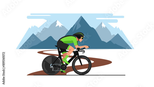 Cyclist on mountain road in modern flat design with snowy peaks and clear sky