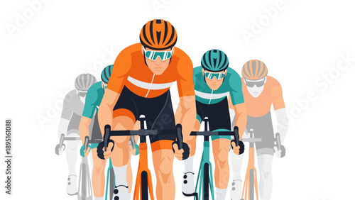 Dynamic cyclists in motion - flat style competitive race scene with vibrant colors