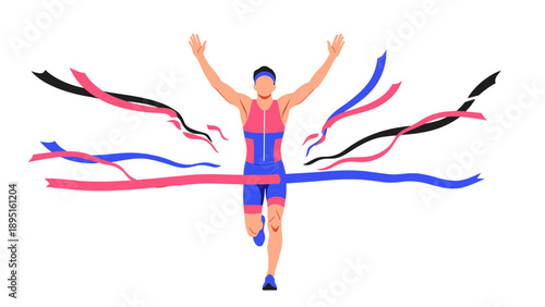 Triathlete crossing finish line in minimalist style with vibrant ribbons