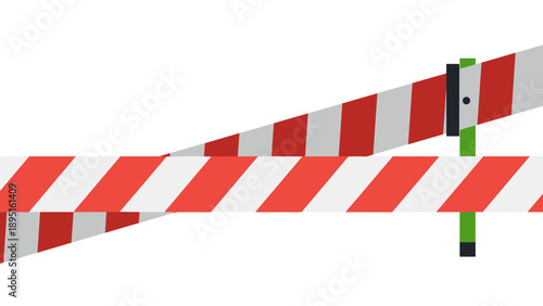 Red and white diagonal striped barrier tape with green post on white background