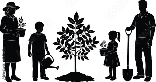 Vector, silhouette, of, a, family, with, parents, and, children, planting, a, tree, using, a, shovel, and, watering, can, for, environmental, sustainability, and, gardening, designs
