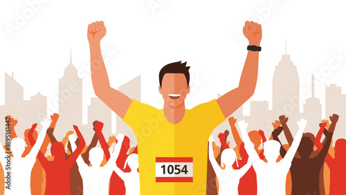 Cheerful crowd celebrating marathon victory in urban setting