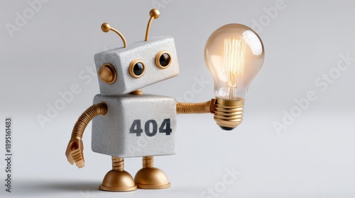 Cute robot holding lightbulb with error 404 code