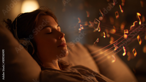 Wallpaper Mural A woman relaxes with headphones, enjoying the soothing sounds of music in a calm and peaceful environment. Torontodigital.ca