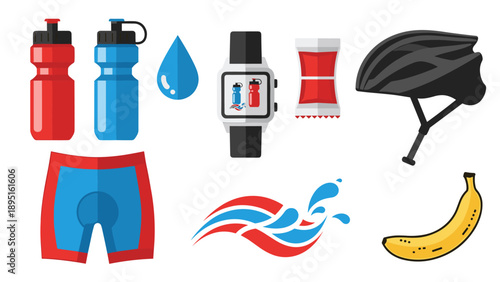 Cycling essentials for hydration and safety in flat design