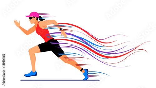 Dynamic athlete in action with flowing energy trails on a white background
