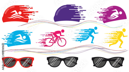 Dynamic sports icons: swimming, cycling, running with vibrant colors and motion lines