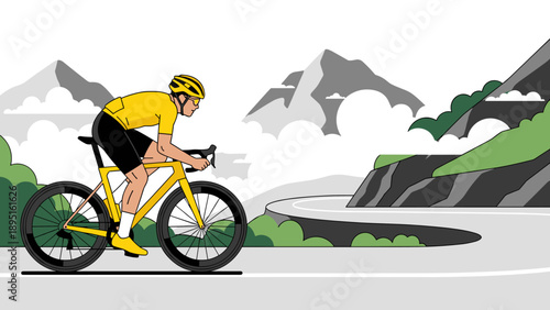Cyclist racing through mountain road with stunning scenery in flat design