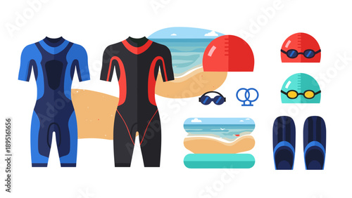 Beach gear for water sports: wetsuits, goggles, and caps flat design