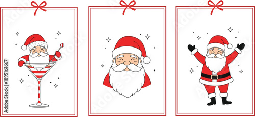 Collection of Cute Santa Claus Illustration Set, Merry Christmas Characters in Festive Red Suits with Cocktail Glass and Cheerful Poses for Holiday Design
