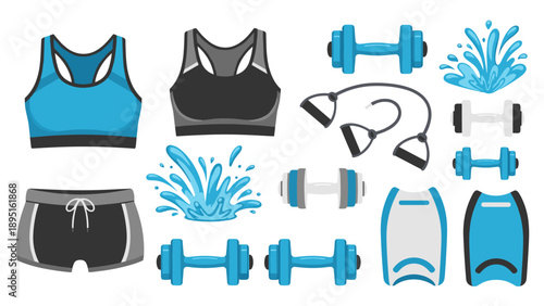 Fitness gear and equipment collection in flat design style for training enthusiasts