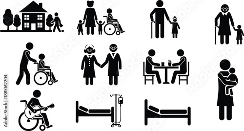 Collection of Detailed Black Healthcare Pictograms Featuring Elderly Care Senior Living Disability Support Nursing Home Services and Family Assistance Icons for Graphic Designs