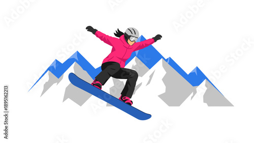 Snowboarder in mid-air jump against mountain landscape