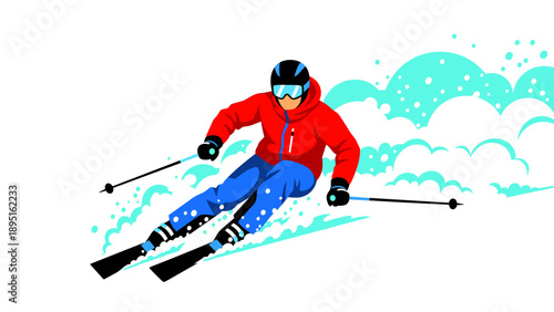 Dynamic action skier in motion with snow waves in bright winter gear