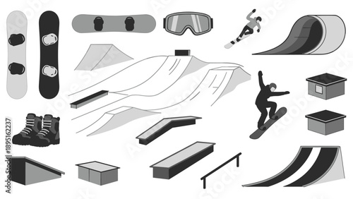 Snowboarding adventure elements: gear and park setup for winter sports enthusiasts