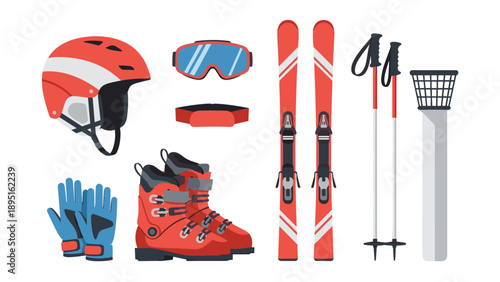 Winter sports gear collection featuring red ski equipment and accessories
