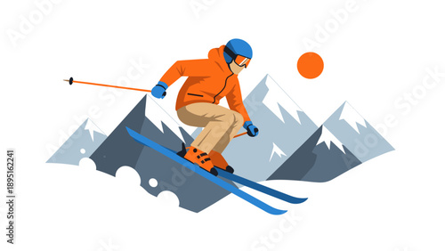 Dynamic skiing adventure in snowy mountains with vibrant winter sports scene