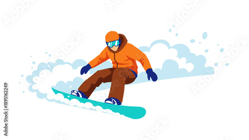 Colorful snowboarder in motion on snowy slope with winter gear and goggles