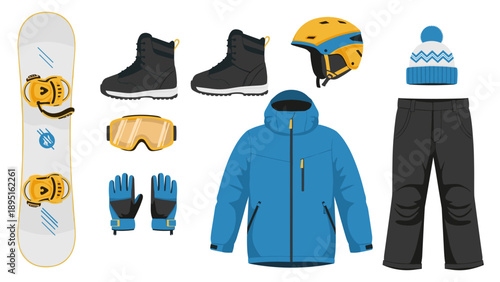Winter sports gear collection with snowboard, helmet, and jacket in flat style