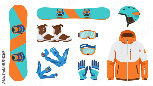 Snowboarding equipment set with boots, helmet, goggles, and jacket in flat design