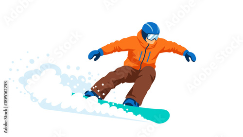 Dynamic snowboarder in action with orange jacket and blue helmet