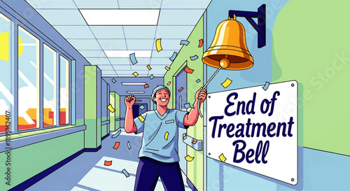Young cancer patient ringing End of Treatment Bell on World Cancer Day in a hospital corridor