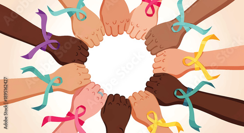Diverse hands unite in solidarity for World Cancer Day, symbolizing hope and support
