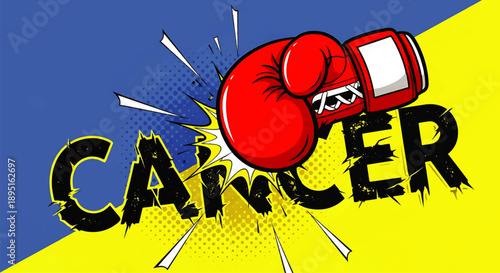 World Cancer Day illustration featuring boxing glove punching cancer text on blue and yellow background, symbolizing fight against cancer
