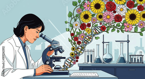 Scientist Examines DNA Structure with Microscope on World Cancer Day Surrounded by Vibrant Flowers in Laboratory Setting