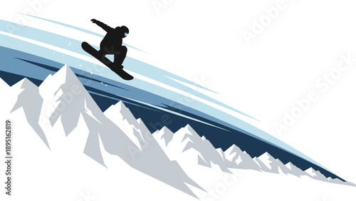 Snowboarder performing stunt in dynamic silhouette on mountain slope