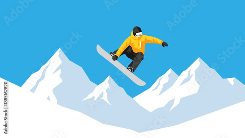 Snowboarder jump in mountain landscape with blue sky