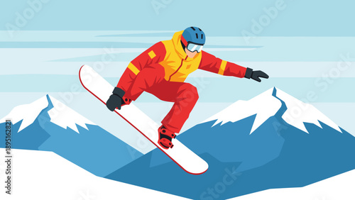 Dynamic snowboarder in action against stunning mountain scenery