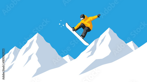 Snowboarder jumping on snowy mountain in dynamic flat design