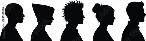 Collection of diverse human head profile silhouettes, featuring male and female side views with various hairstyles and modern haircuts isolated on white background.