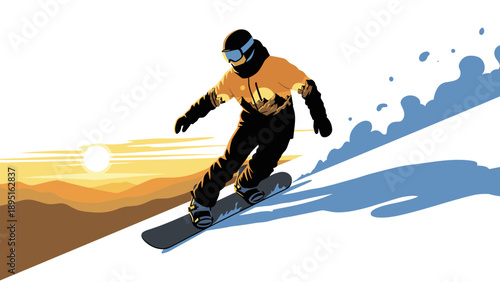 Sunset snowboarding adventure with dynamic shadows and mountains